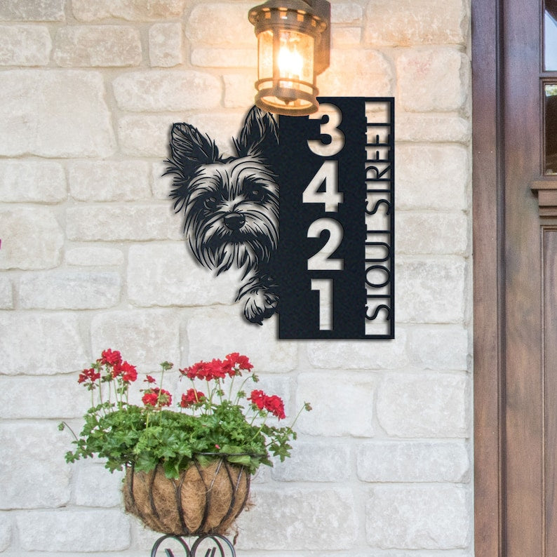Metal Address Sign, Yorkie Sign, Vertical House Number Plaque for Outdoor Use