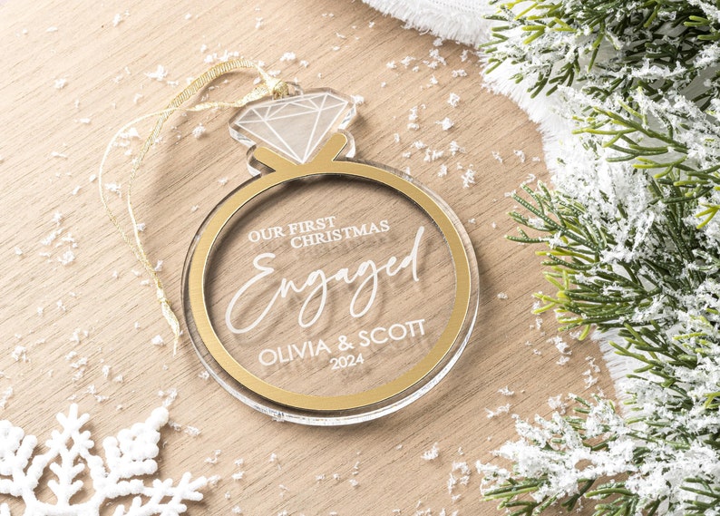 First Christmas Engaged Ornament, Personalized Acrylic Engagement Ring Christmas Ornament, 2024, Newly Engaged Gift, Engagement Gift