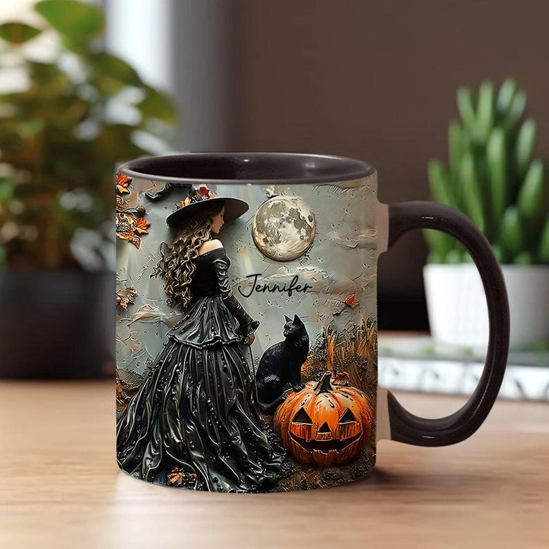 Custom Beautiful Witch Halloween Accent Mug, Personalized Wiccan Coffee Cup Oil Paint Effect Witchy Gifts Witchcraft Teacup Gift for Pagan