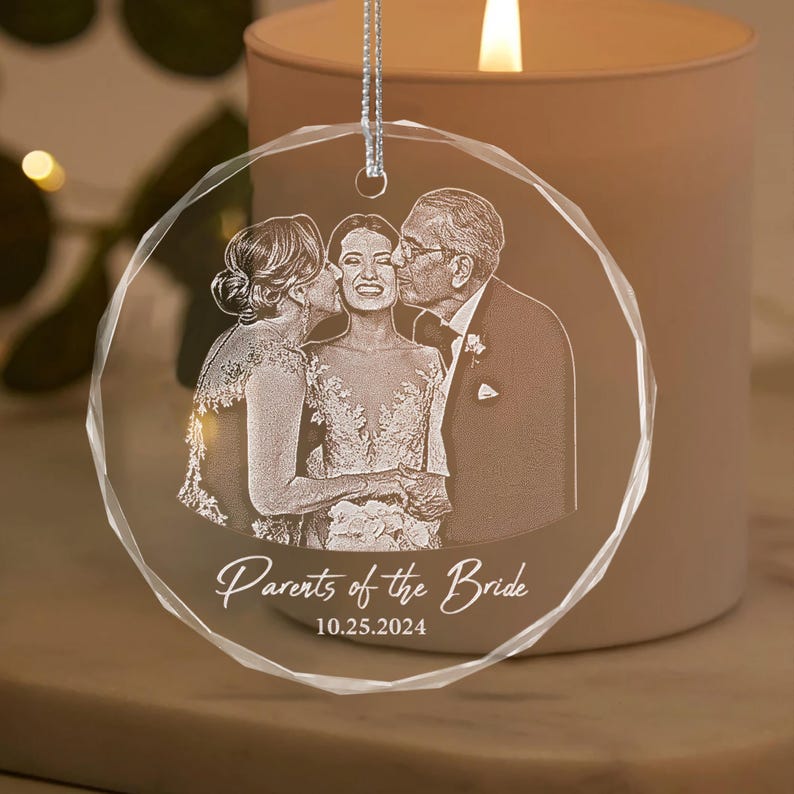 Custom Parents of the Bride Wedding Gift, Engraved Photo Wedding Ornament, Christmas Ornament Gift for Mom and Dad, Wedding Gift for Parents