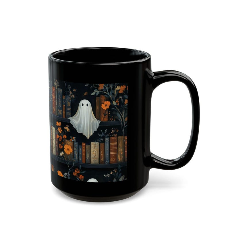 Spooky Ghost Bookshelf Mug Halloween Coffee Cup For Book Lovers 11oz 15oz Gothic Floral Design Ideal Book Club Gift