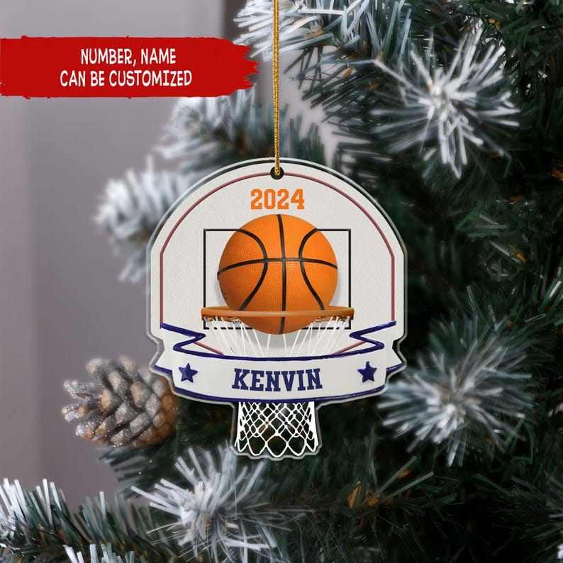Personalized Basketball Acrylic Christmas Ornament, Basketball Hoop Xmas 2D Flat Ornament, Custom Sport Keepsake, Gift For Basketball Lover