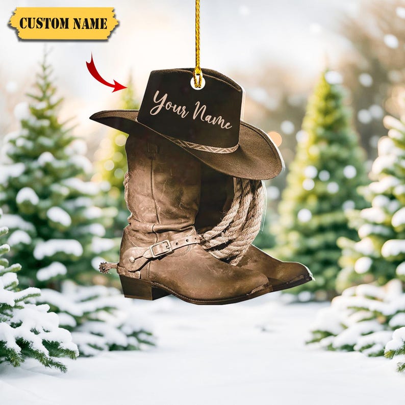 Podagree Personalized Cowboy Boots and Hat Christmas Ornament for Cowboy, Cowboy Cowgirl Horseback Riding Ornament, Horse Racing Ornament