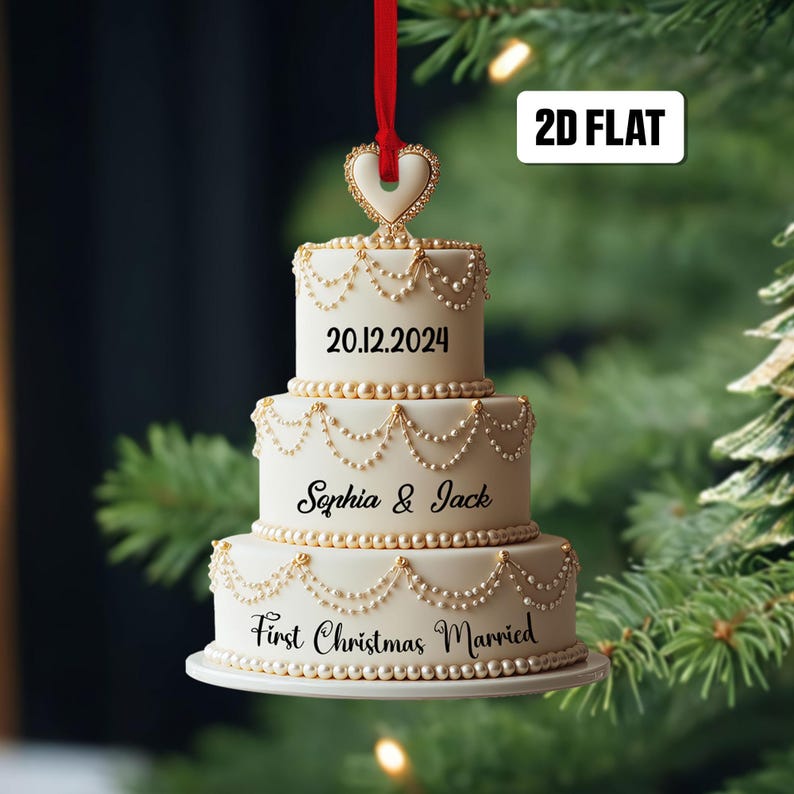 Personalized Wedding Cake 2D Flat Ornament, Custom Name Ornament, First Christmas Married Ornament, Mr Mrs Ornament, Gift for Him, Her