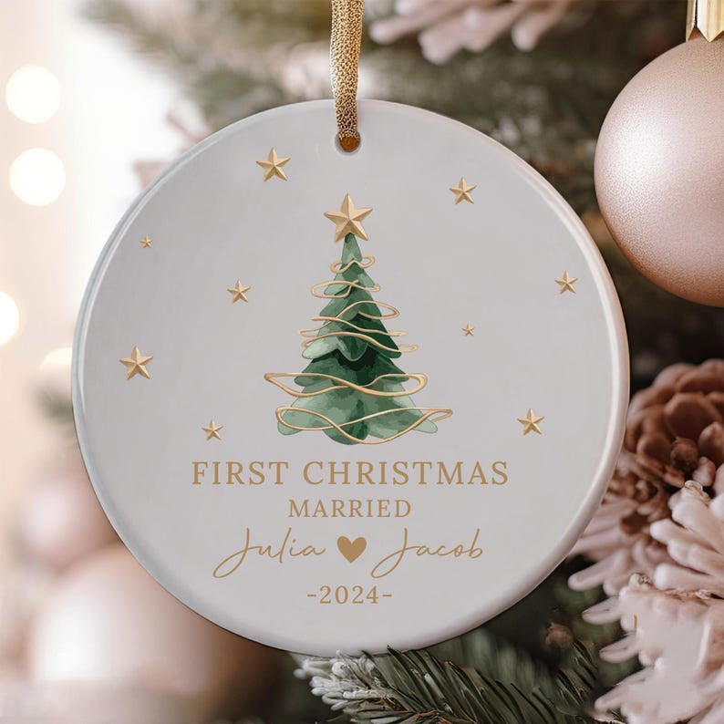 Personalized First Christmas Ceramic Ornament, Married Date Ornament, Merry Christmas Gifts, Christmas Tree Decor, Christmas Party Gifts