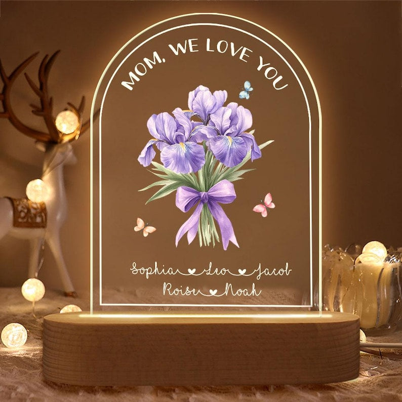 Personalized Mother's Day Gift For Mom, Custom Birth Month Flower Night Light, Bouquet Floral Mom With Kids Name Led Light, Gift For Grandma