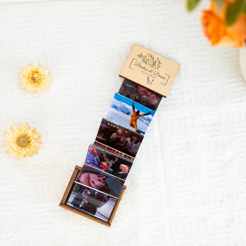 Unique Photo Gifts,Custom Pull Out Photo Album,Anniversary Gifts,Personalised Wooden Photo Frame,Gift for Him,Memory Trinket Wooden Box