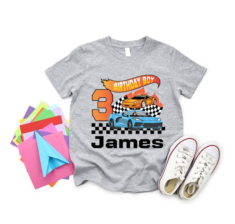 Custom Birthday Boy Toddler Tee, Racing Car Outfits,Custom years 3rd Birthday Party Gift Shirt, Kids Graphic Tee, Race Car Shirt for Boys, Gift for Boy