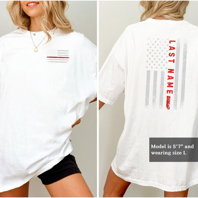 Custom last name firefighter tshirt | Personalized firefighter shirt | Gift for firefighter wife | Custom fireman gift | Red line flag