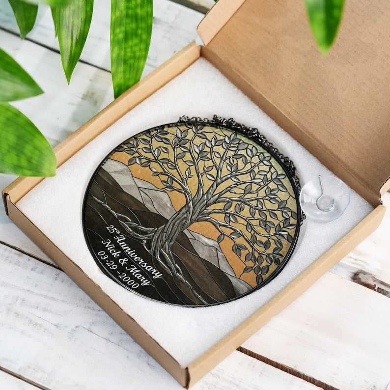 Personalized Tree of Life 25th Anniversary GLASS Hanging, Silver anniversary, Tree of life glass suncatcher, Anniversary gift for wife