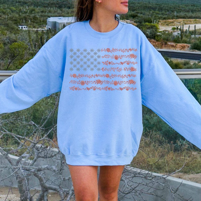 Chinoiserie American Flag Sweatshirt, 4th of July Shirt, Toile De Jouy American Flag T-Shirt, Patriotic Floral Shirt, Girly Fourth July Shirt