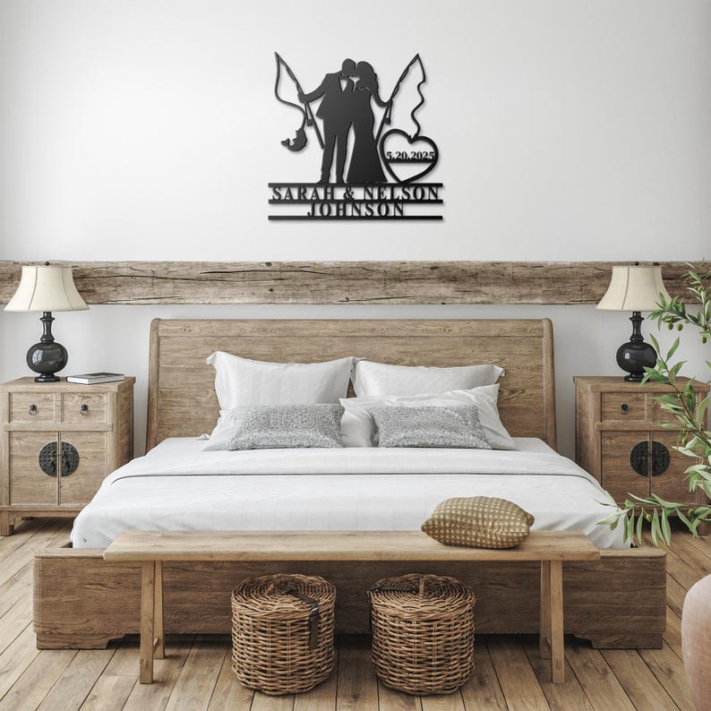 Personalized Fishing Couple Wedding Metal Sign, Custom Anniversary Gift Wall Art with Family Name & Date For Newly Wed, Fisherman Home Decor
