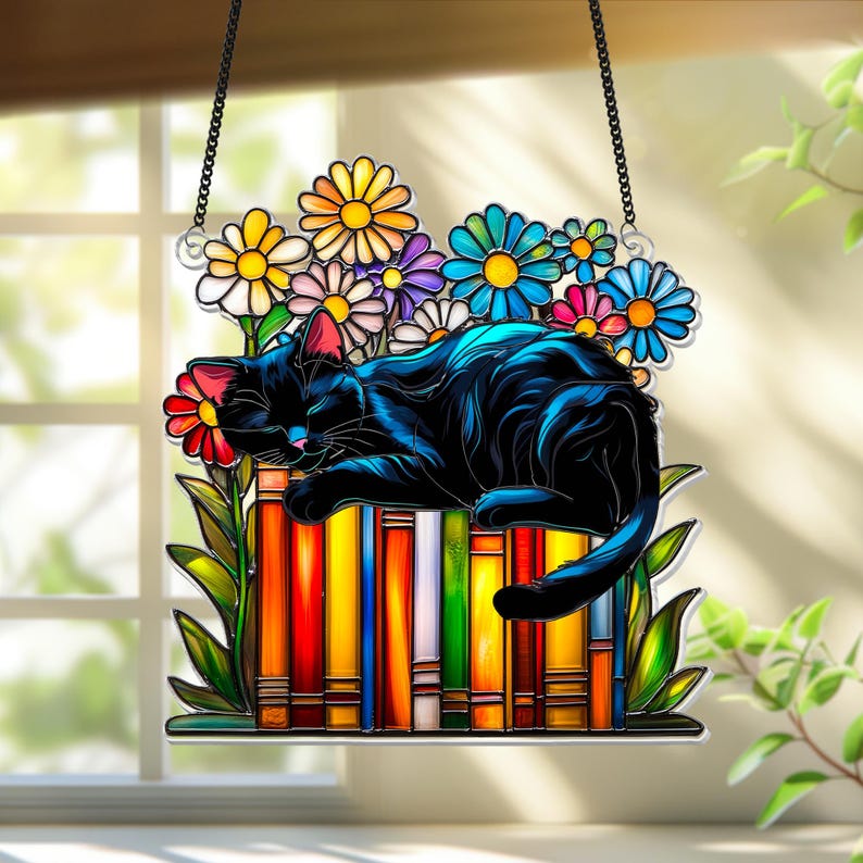 Cat Book flower Acrylic Suncatcher Window Hanging, Book Window Decor, Book Lover Gifts, Book Ornament, teacher gift, Librarian Gifts