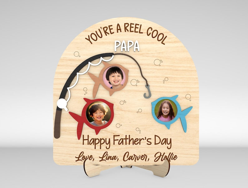 Personalized Fathers Day Fishing Photo Frame, Reel cool dad Photo Wood Sign, Fishing dad Gift