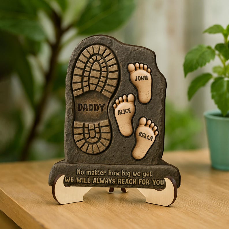 No Matter How Big We Get - Family Footprints Personalized 2-Layered Wooden Plaque With Stand, Father's Day Gift, Gift For Dad, Grandpa