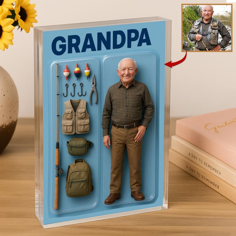 Custom Photo Grandpa Fishing Decor Acrylic Personalized Action Figure with Your Photo Unique Fathers Day Gift for Dad Grandpa Papa