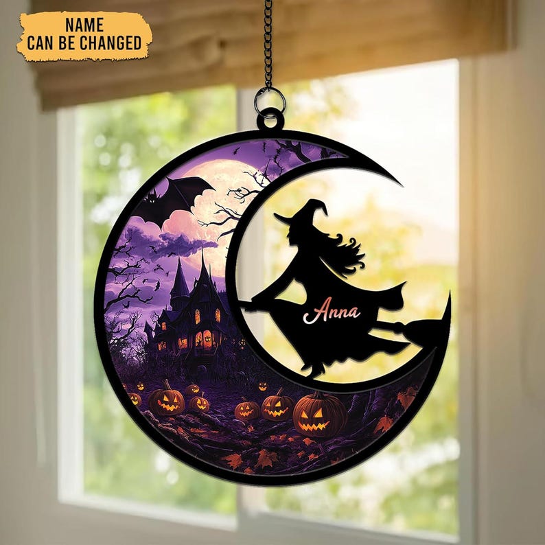 Personalized Halloween Witch Suncatcher Custom Name Flying Witch Window Ornament with Haunted House & Pumpkins Spooky Fall Decor