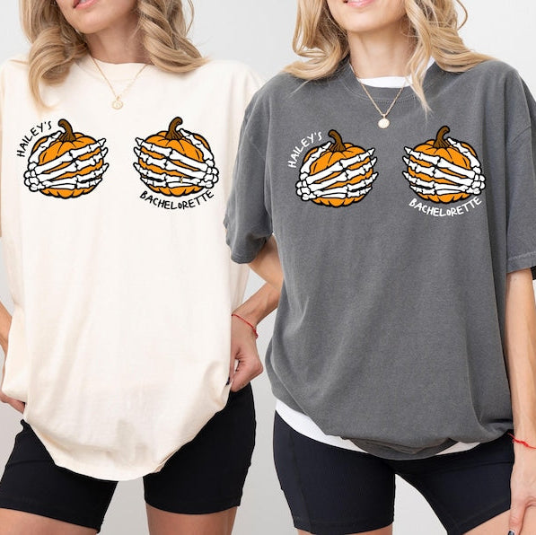 Custom Halloween Bachelorette Shirts, Skeleton Pumpkin Funny Bridal Party Shirt, Personalized Spooky Bride Gothic Wedding, Bride Boo Crew