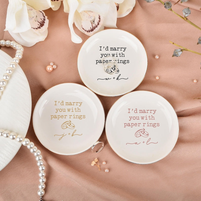 Marry You with Paper Rings Trinket Dish, Wedding Ring Dish, Custom Initials Jewelry Dish for Her, Engagement Anniversary Gift, Bride Gift