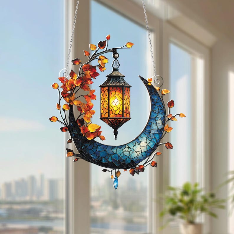 Autumn Moon Lantern Window Hanging, Elegant Crescent Moon Decor, Warm Lantern Ornament, Fall Home Decoration, Unique Gift for Autumn Lovers