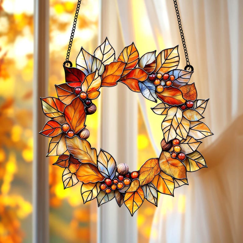 Fall Leaves Wreath Acrylic Window Hanging, Autumn Harvest Faux Acrylic Suncatcher, Maple Leaf Door Decor Thanksgiving Gift Idea
