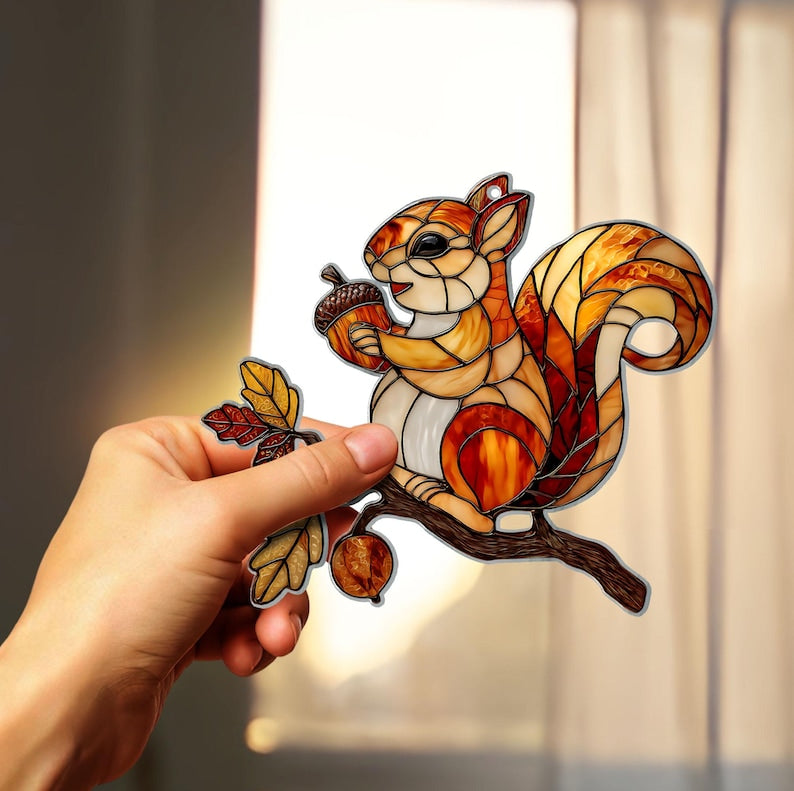 Squirrel Autumn Leaf Hologram Suncatcher, Woodland Animal Decor, Cute Forest Gift, Suncatcher Home Decor, Housewarming Gift for Nature Lover