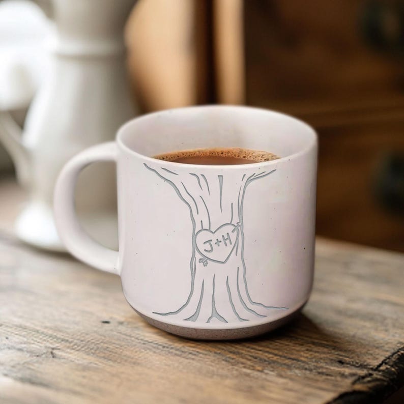 Personalised Engraved Couple Pottery Mug, Wedding Gift, Custom Carved Initials In A Heart Tree Couple Mug, Engagement Gifts, Newlywed Gift
