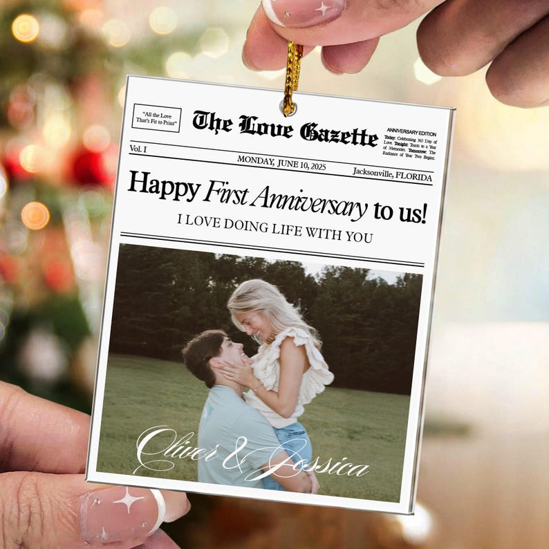 Personalized First Anniversary Gift, Custom Couples Photo Ornament, 1st Anniversary Newspaper Ornament, Gift For Boyfriend, Gift For Him