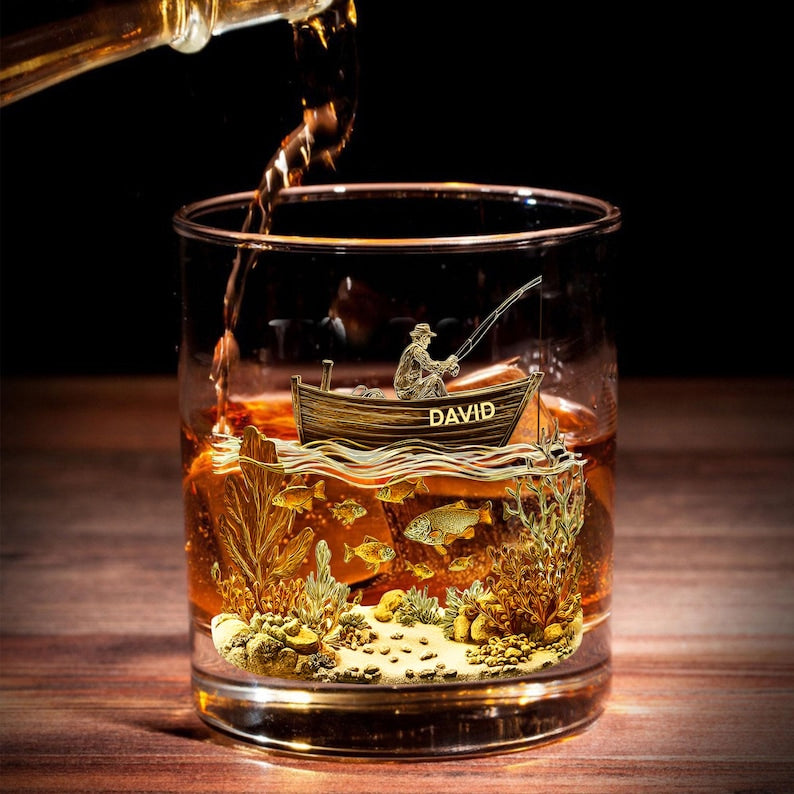Personalized Fishing Whiskey Glass, Fishing Boat Design, Custom Fisherman Gift, Whiskey Bottle Gift for Dad, Fishing Gift