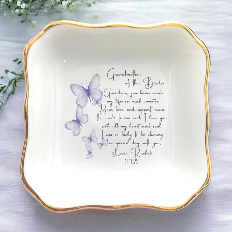 Grandmother of the Bride Gift Personalized Jewelry Dish with Butterflies Wedding Keepsake from Bride to Grandma Custom Wedding Tray