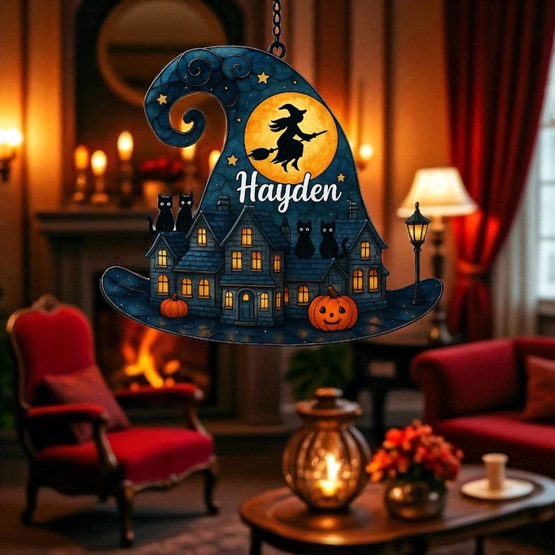 Personalized Halloween Witch Hat Suncatcher: Custom Name Haunted Village Decor