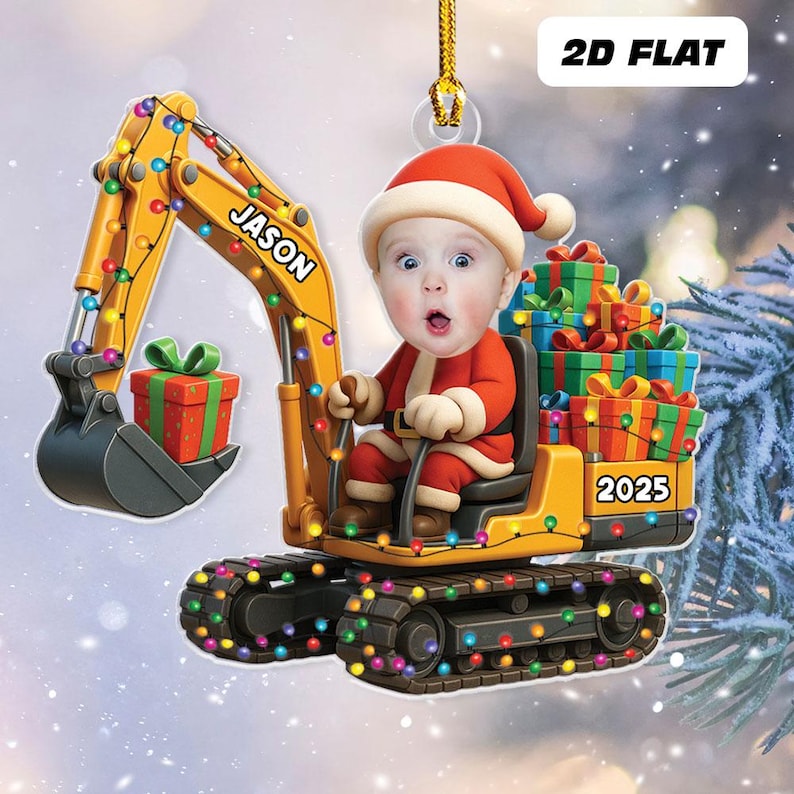 Personalized Excavator Christmas Ornament 2D Flat Acrylic Gift For Boys Custom Photo Ornament Construction Vehicles Excavator Ornament Name