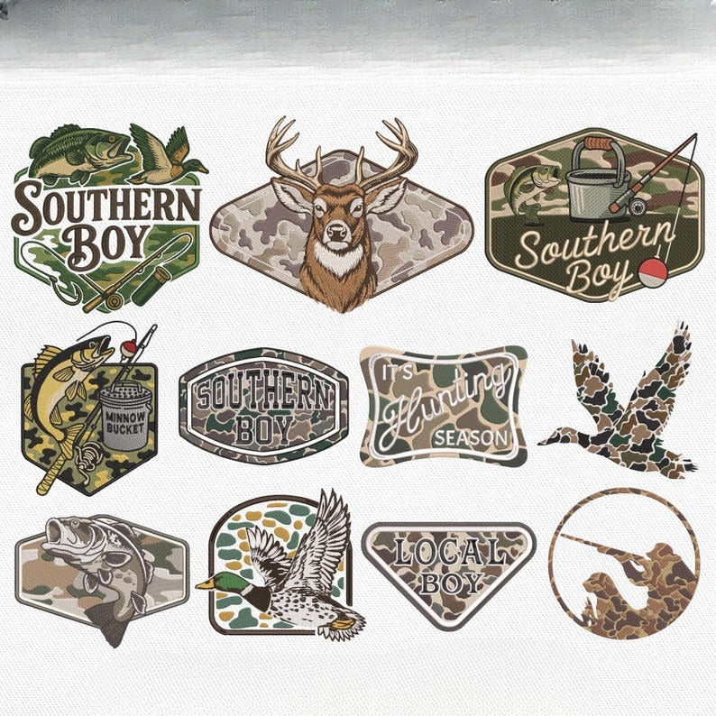 Camo Hunting Patch for Hat Embroidery Bundle, Deer Antler Embroidery, Fishing Embroidery Patch , Mallard Duck Pes, Hat Design