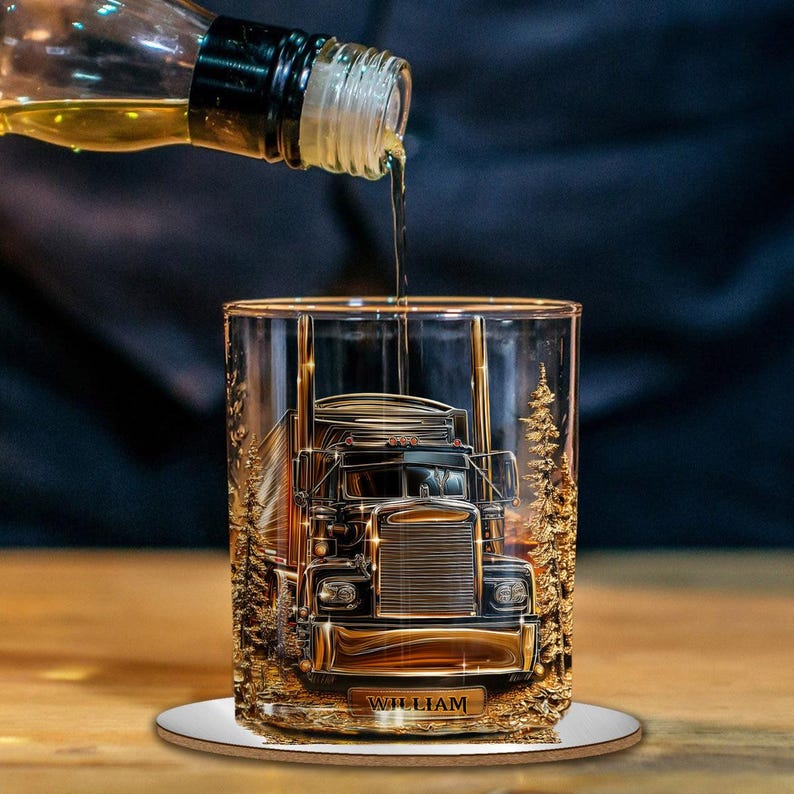 Personalized Truck Whiskey Glass Gold, Whiskey Glass For Trucker Drivers, Retro Barware Decorations, Cars Glass Cup For Him