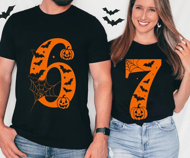 6 7 Shirts, Couples Halloween, Funny Matching Shirt, Trendy Tiktok Halloween Costume Shirt, 67 Trend, Six Seven Meme Pumpkin