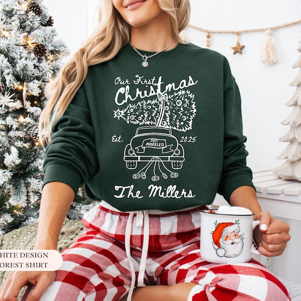 Custom Name First Christmas Married Matching Couple Sweatshirt, Just Married Sweater, Merry and Married Sweatshirt, Newlywed Gift for Bride