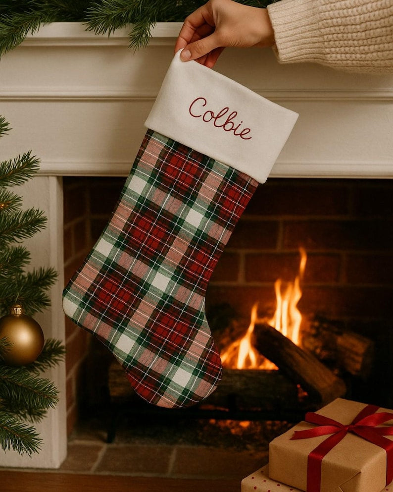 Personalized Plaid Christmas Stocking: Embroidered Family Holiday Decor