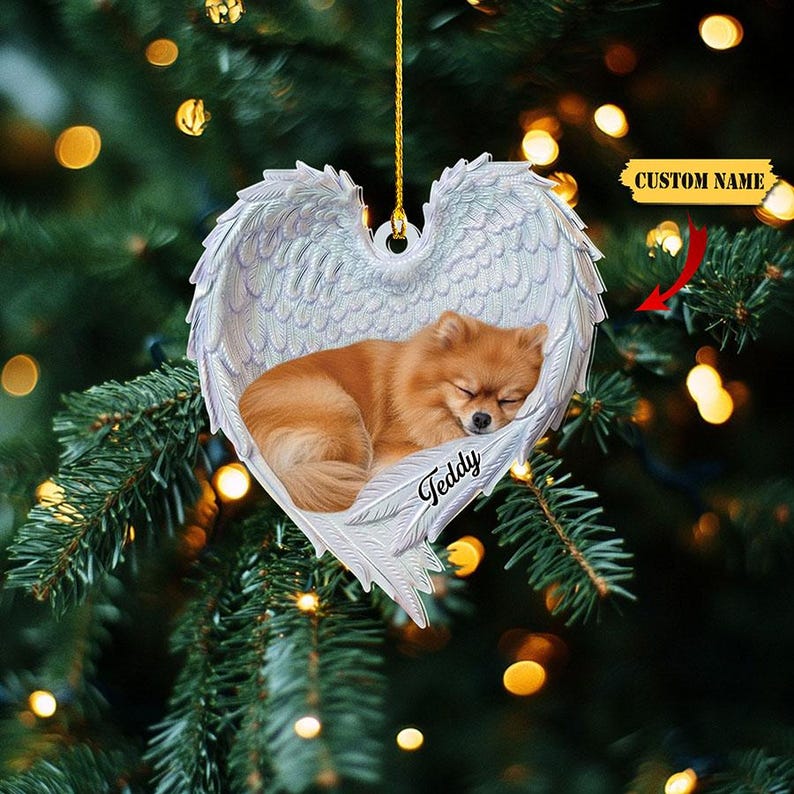 Personalized Pomeranian Dog Sleeping Angel Wings Ornament, Pomeranian Dog Christmas Ornament Gift, Pomeranian Dog Car Ornament