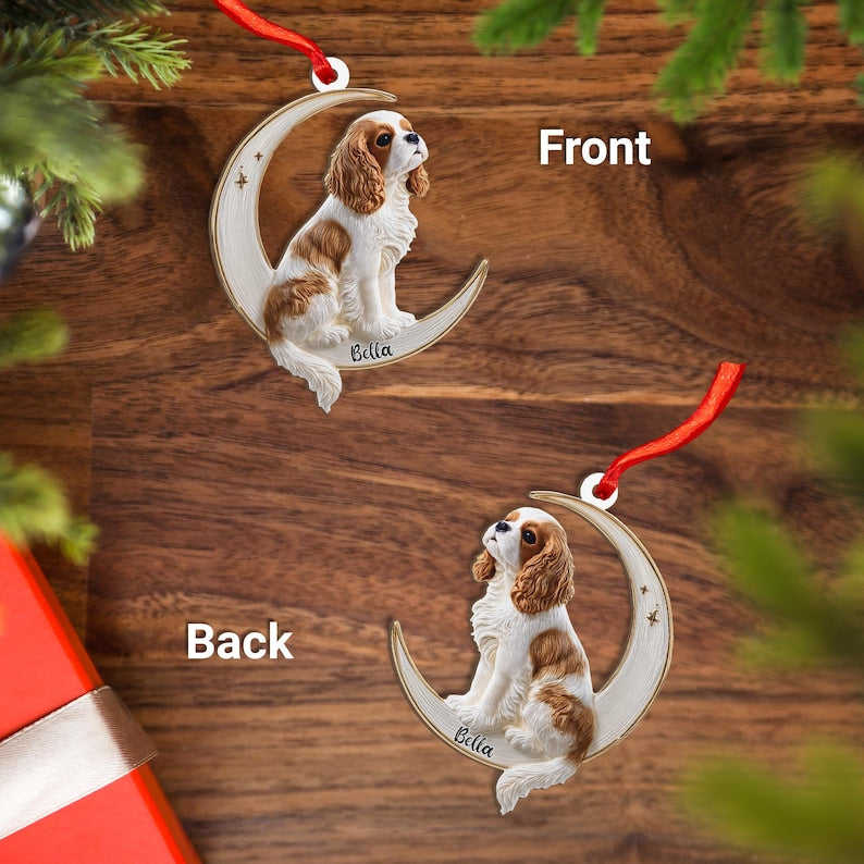 Personalized Cavalier King Charles Spaniel Dog on Moon Acrylic Ornament Flat 2D Cutout Holiday Tree Decor Gift Pet Lovers Puppy Keepsake