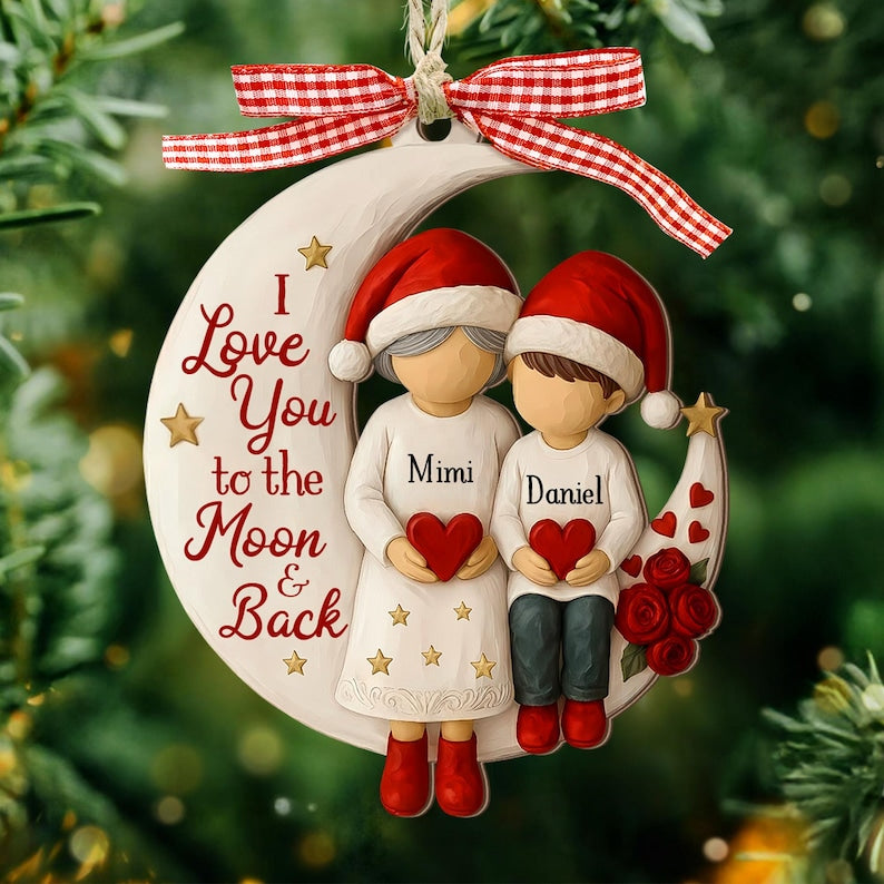 Custom Grandma and Grandson Ornament, Grandkids Gift, Flat 2d I love you to the moon and back Wood ornament, Grandma Christmas keepsake