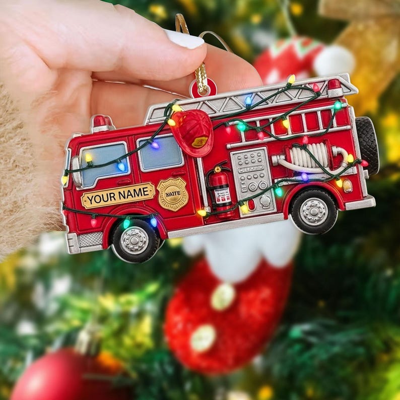Personalized Fire Truck Christmas Ornament, Christmas Tree Decor, Gift For Firefighter, Fireman Holiday Gift Decor, Trucker Christmas Light