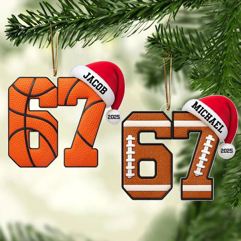 Custom Name 67 Sport Acrylic Ornament, Soccer Baseball Volleyball Basketball Ornament, Six Seven Ornament Gen Alpha Humor, 67 Meme Ornament