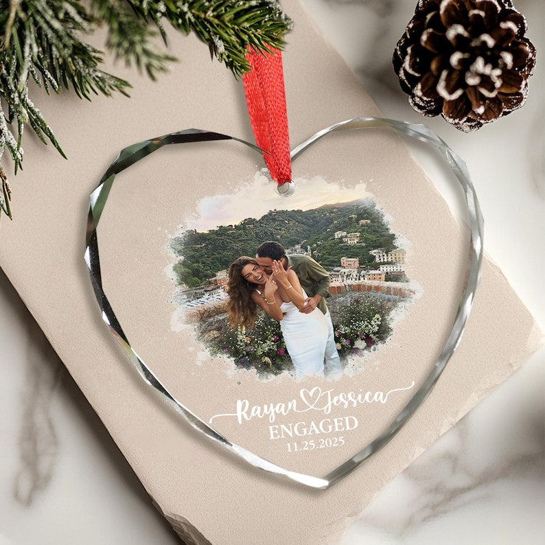 Personalized Couple Glass Ornament, Engagement Gift, Wedding Keepsake For Newlyweds, Romantic Whimsical Decoration, Anniversary Gift