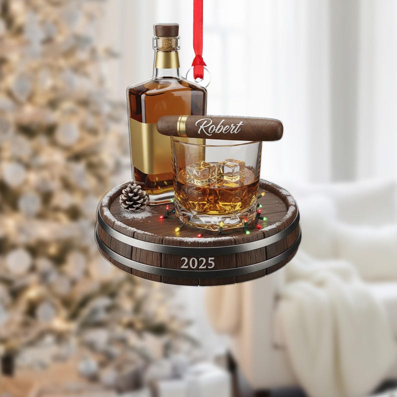 Personalized Whiskey and Cigar Ornament 2025 Custom Name Bourbon Glass Ornament Gentlemen Gift for Him Christmas Decor