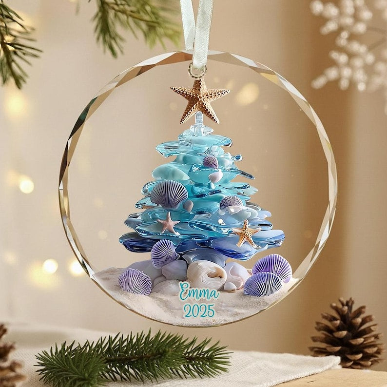 Personalized Sea Glass Christmas Tree Ornament, Beach Christmas, Ocean Lover Gift, Coastal Ornament, Christmas Tree With Shells, Starfish