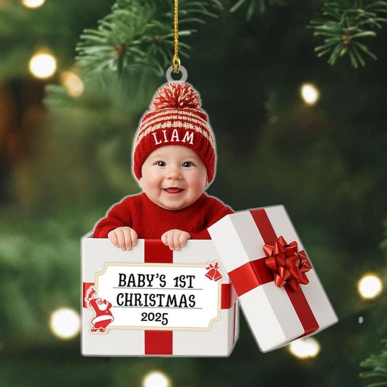 Personalized Baby Photo Christmas Ornament, my first christmas ornament, Baby Christmas Gift Box 2D Flat Acrylic Ornament