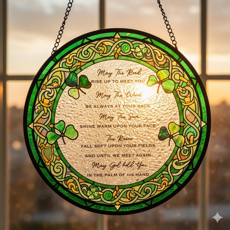 Irish Blessing Stained Glass Suncatcher: Shamrock Prayer Window Decor, Shamrock Stained Glass Suncatcher, St patrick Day Suncatcher