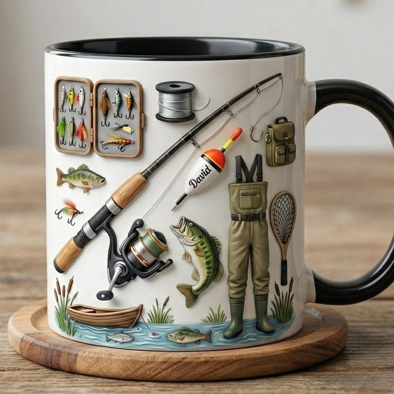 Custom Name Fishing Mug, Fishing Lures Coffee Accent Mug, Father's Day Gift for Grandpa Dad, Gift For Fisherman, Fishing Lover Cups