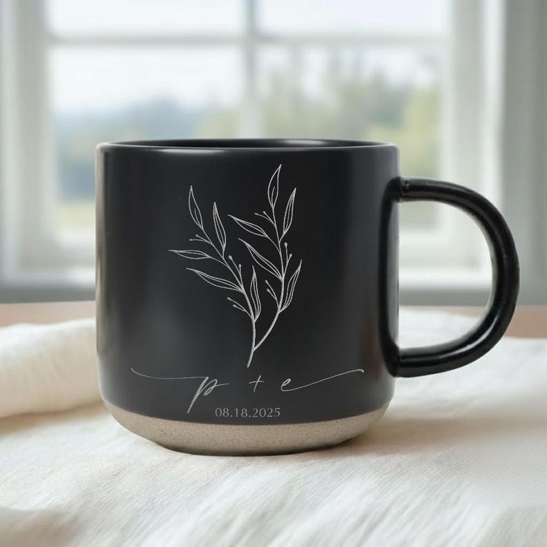 Personalized Engagement Mug, Custom Initials & Date, Minimalist Botanical Ceramic Mug, Newly Engaged Gift for Couple, Wedding Keepsake
