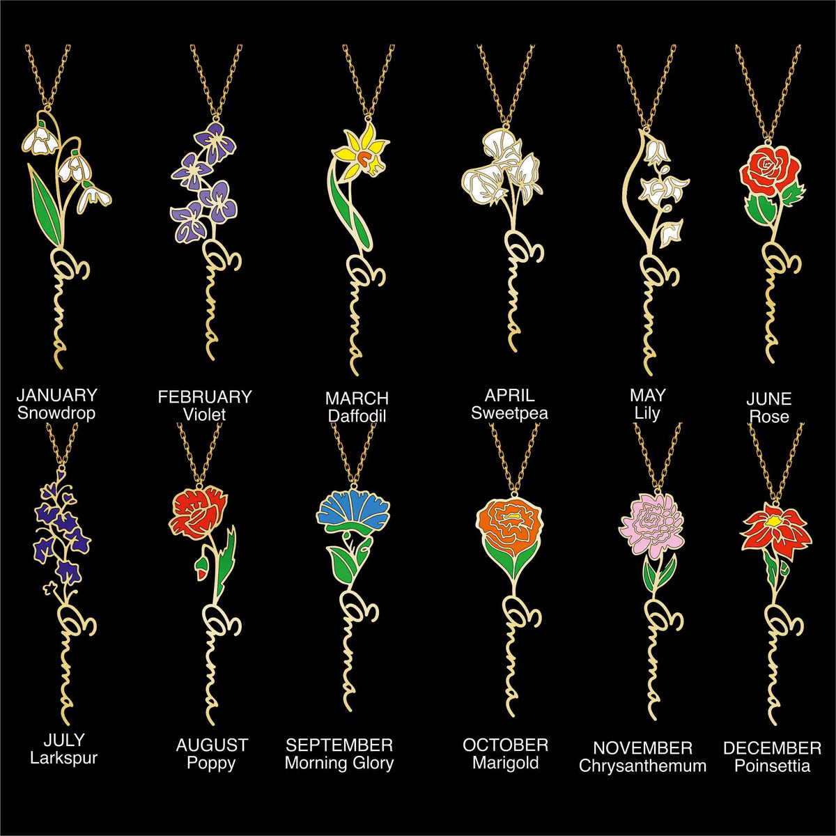 Personalized Birth Flower Necklace Custom Name Necklace Floral Name Necklace Custom Name Jewelry, Personalized Gifts For Her Christmas Gifts
